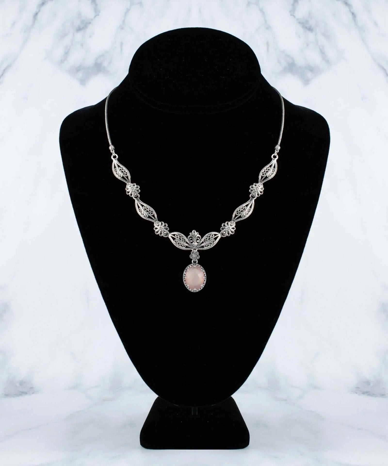 Filigree Art Pink Chalcedony Gemstone Women Silver Princess Necklace - Drakoi Marketplace