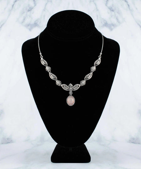 Filigree Art Pink Chalcedony Gemstone Women Silver Princess Necklace - Drakoi Marketplace