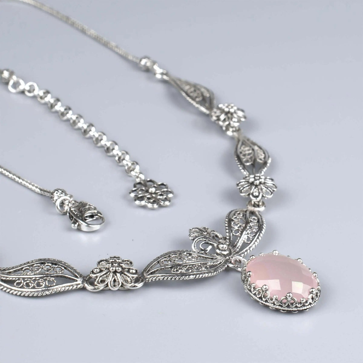 Filigree Art Pink Chalcedony Gemstone Women Silver Princess Necklace - Drakoi Marketplace