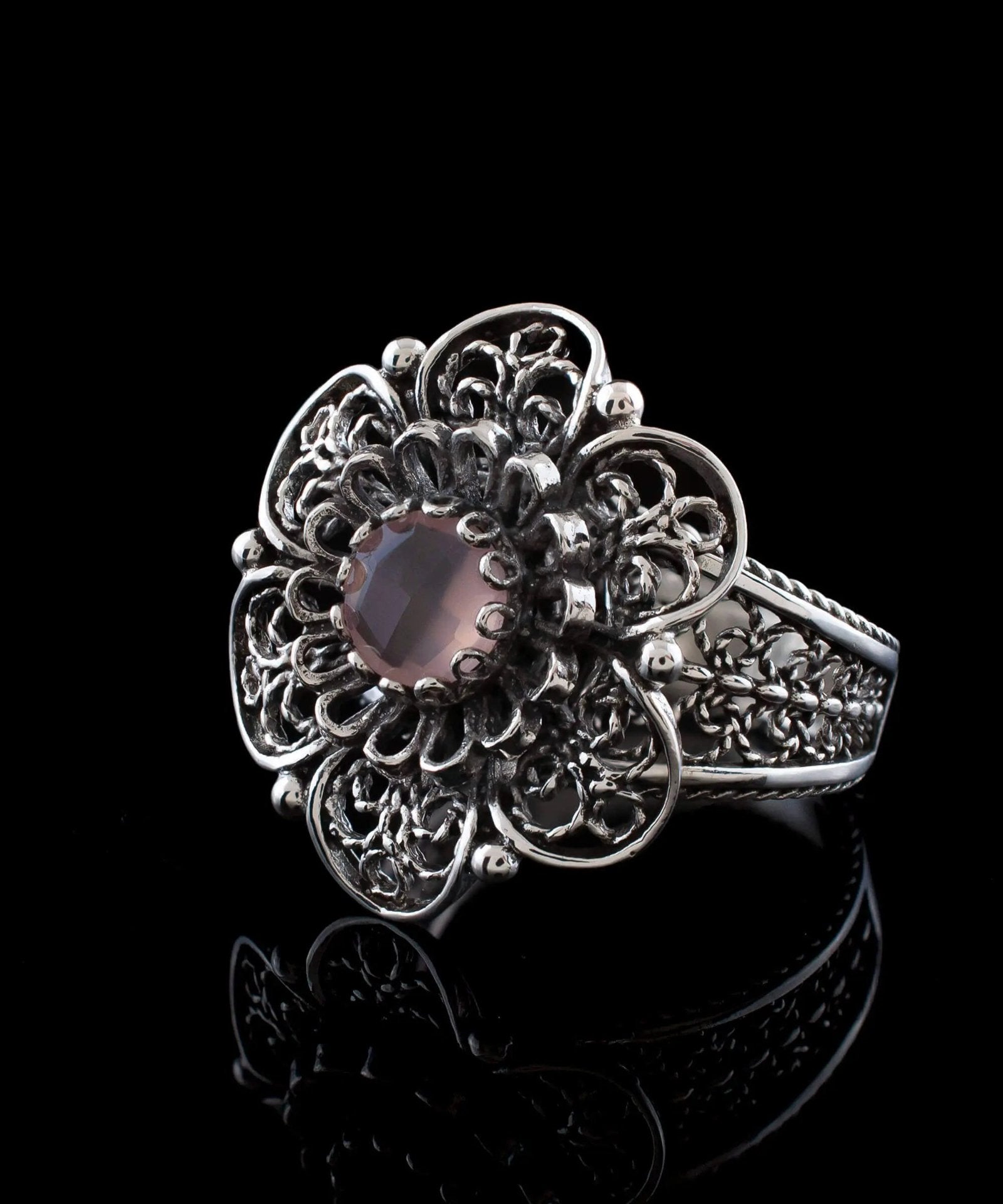 Filigree Art Pink Chalcedony Gemstone Women Silver Statement Ring - Drakoi Marketplace