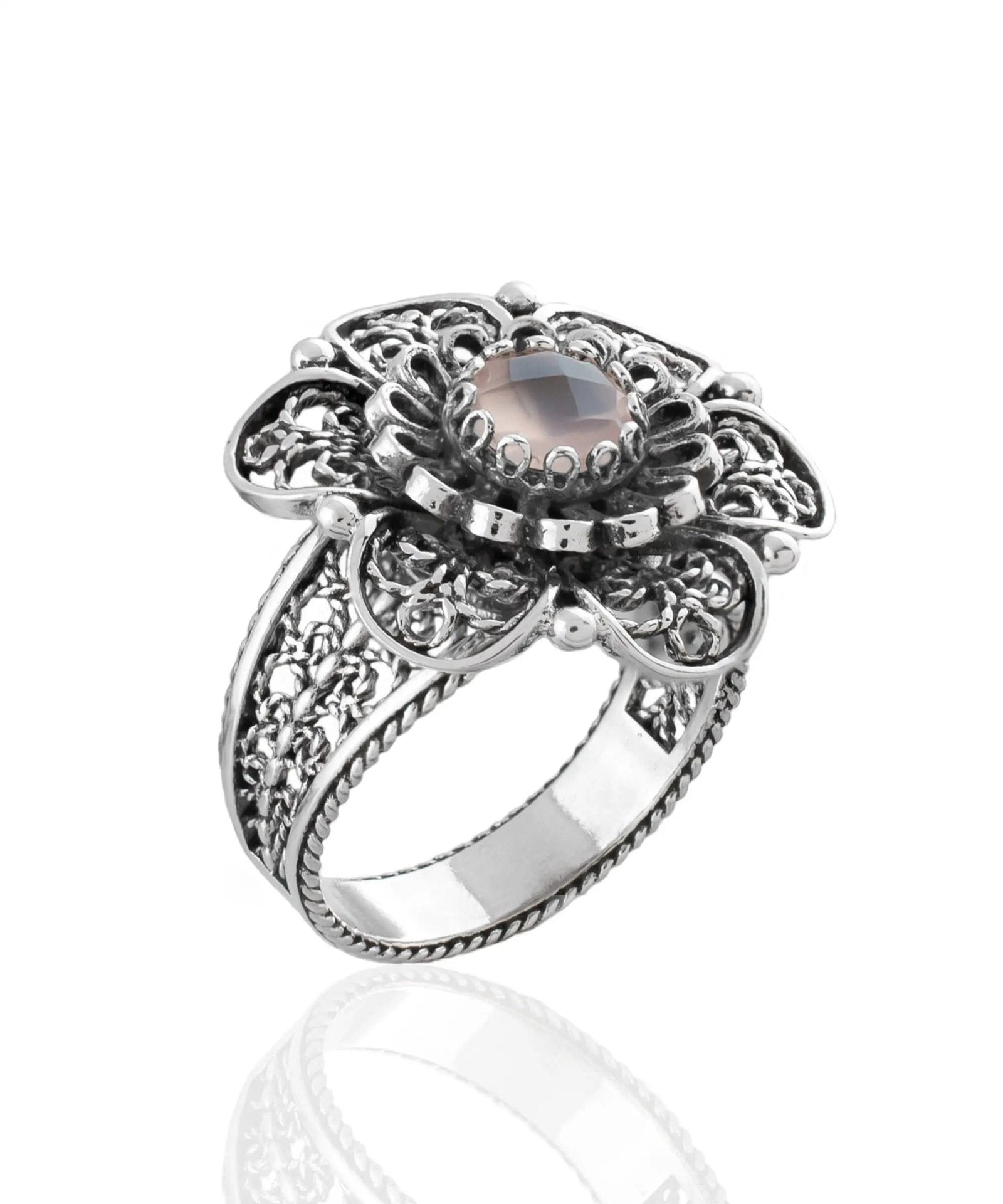 Filigree Art Pink Chalcedony Gemstone Women Silver Statement Ring - Drakoi Marketplace