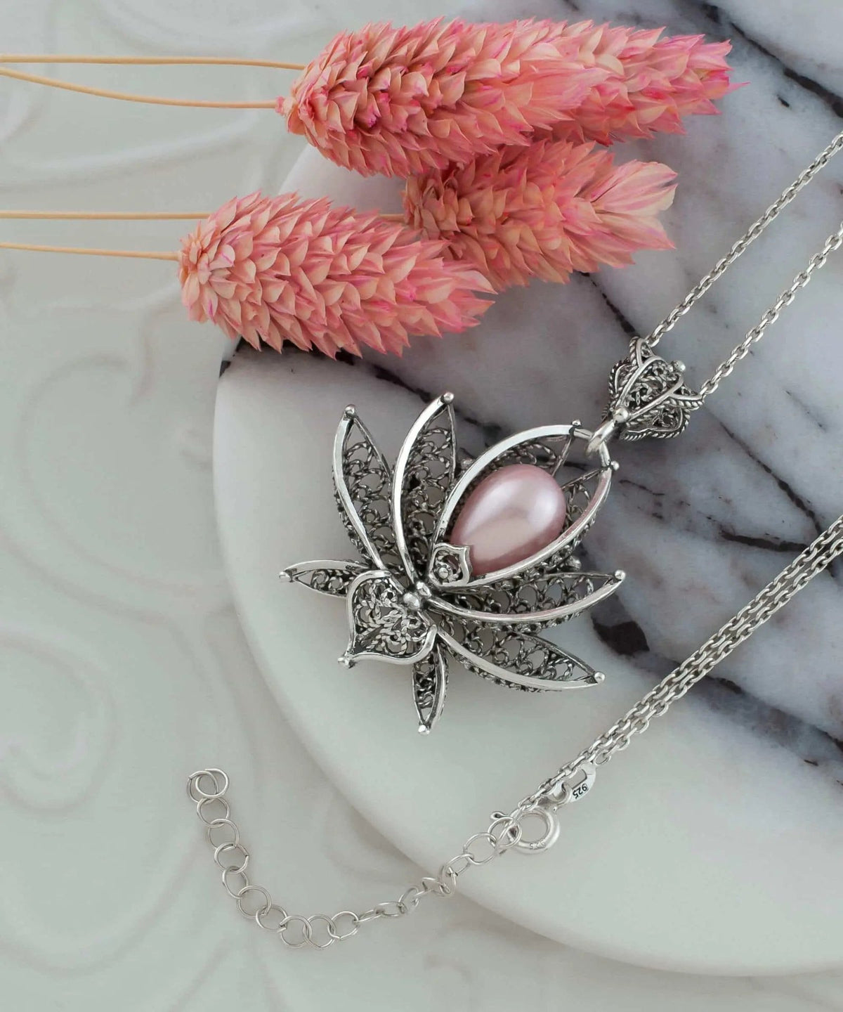 Filigree Art Pink Pearl Gemstone 3D Lotus Flower Women Silver Pendant Necklace - Drakoi Marketplace