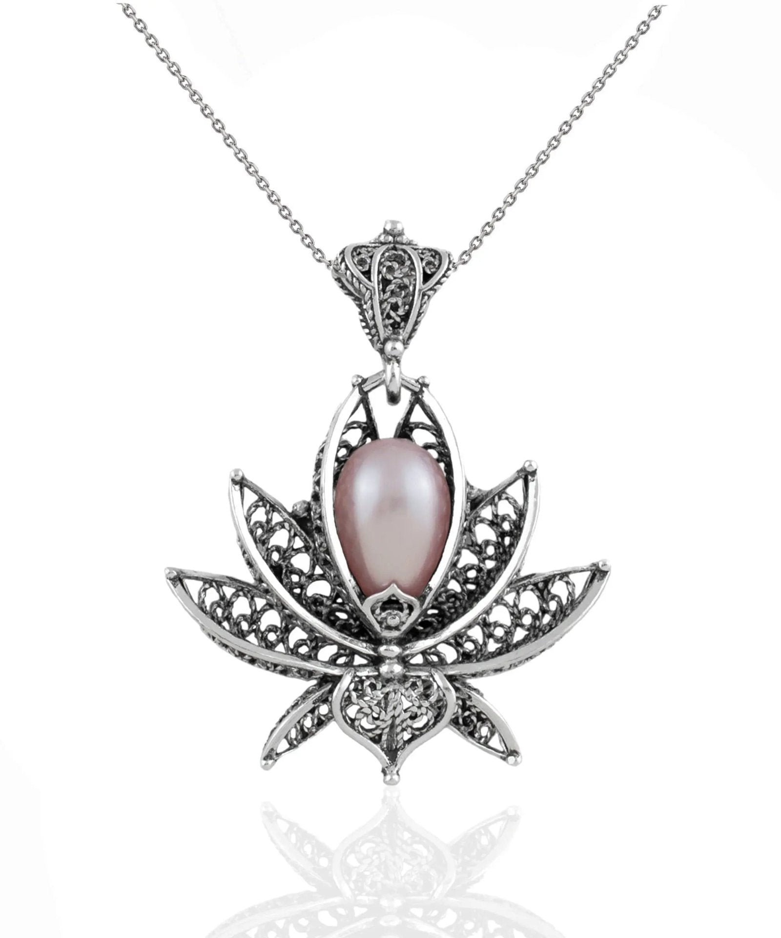 Filigree Art Pink Pearl Gemstone 3D Lotus Flower Women Silver Pendant Necklace - Drakoi Marketplace