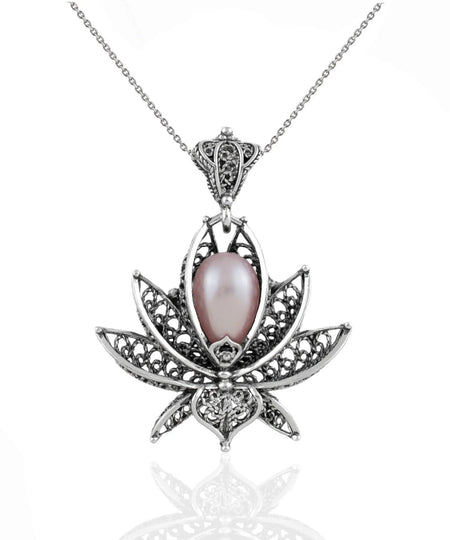 Filigree Art Pink Pearl Gemstone 3D Lotus Flower Women Silver Pendant Necklace - Drakoi Marketplace