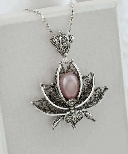 Filigree Art Pink Pearl Gemstone 3D Lotus Flower Women Silver Pendant Necklace - Drakoi Marketplace