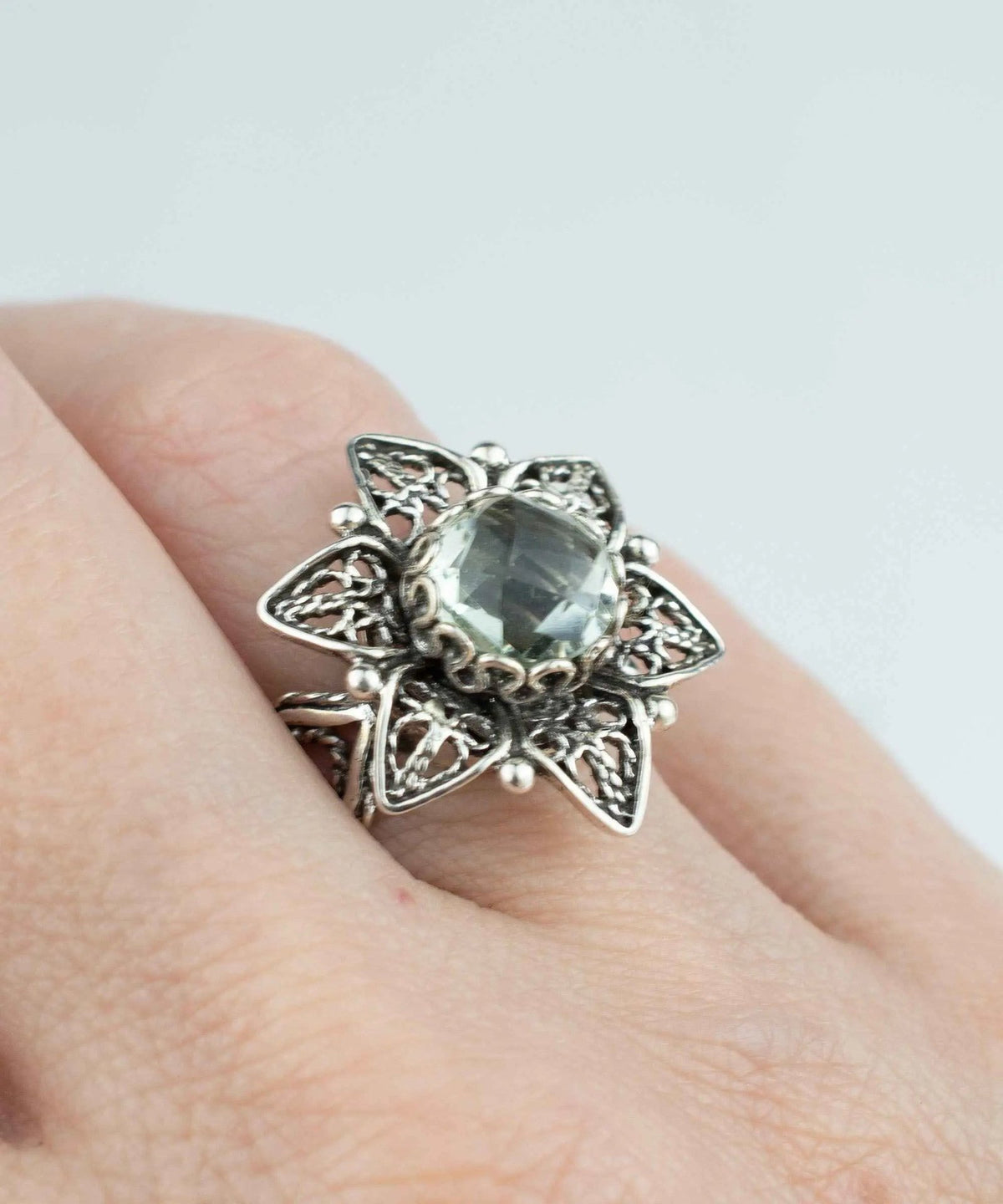 Filigree Art Prasiolite Gemstone Daisy Flower Women Silver Cocktail Ring - Drakoi Marketplace