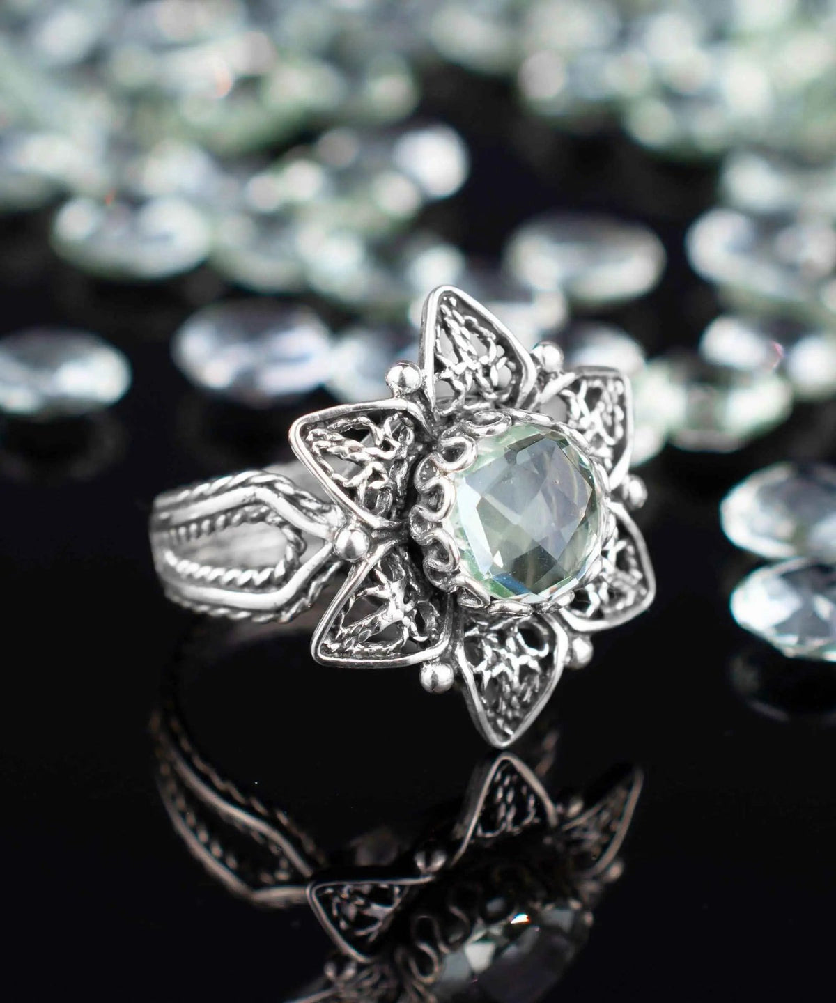 Filigree Art Prasiolite Gemstone Daisy Flower Women Silver Cocktail Ring - Drakoi Marketplace