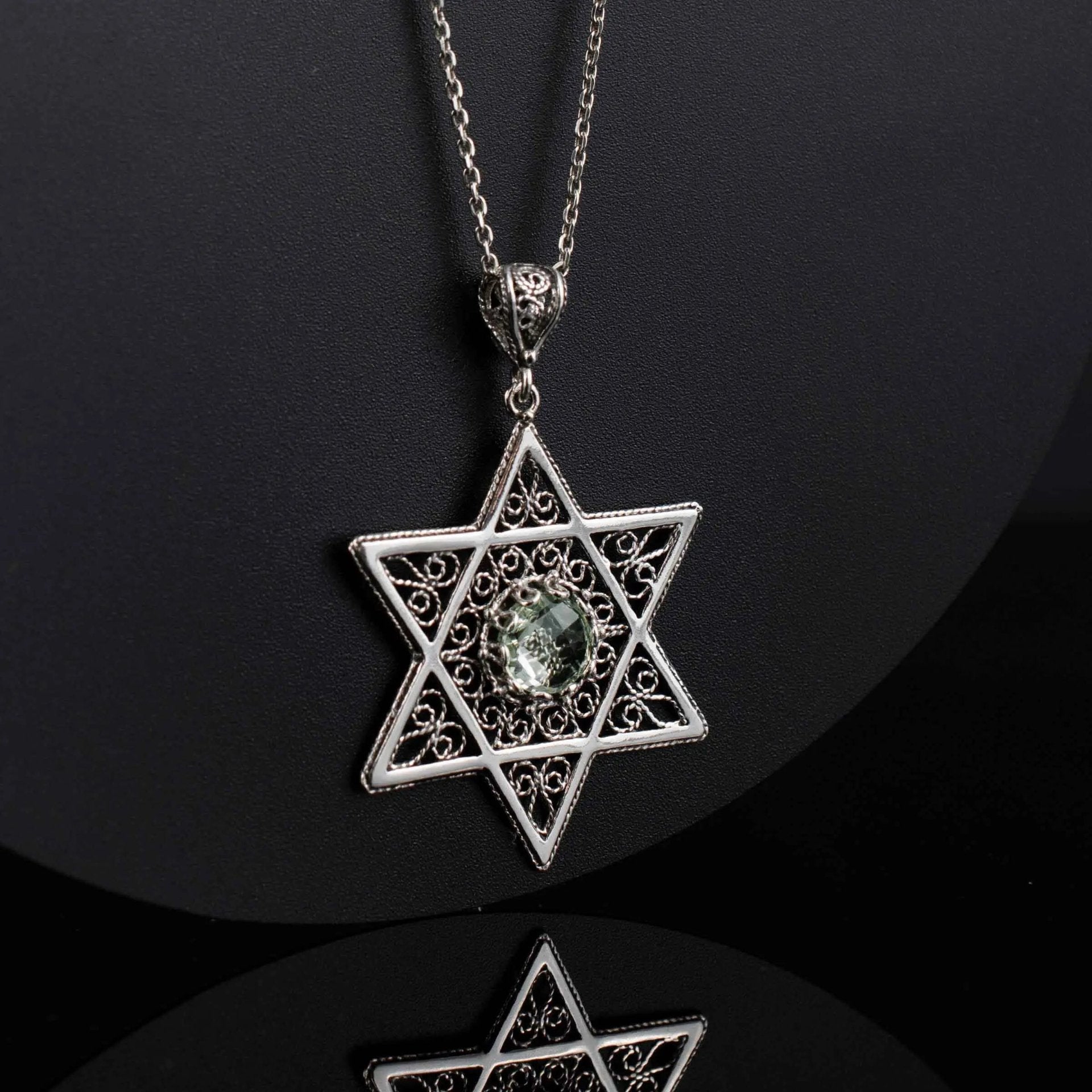 Filigree Art Prasiolite Gemstone Star of David Women Silver Pendant Necklace - Drakoi Marketplace