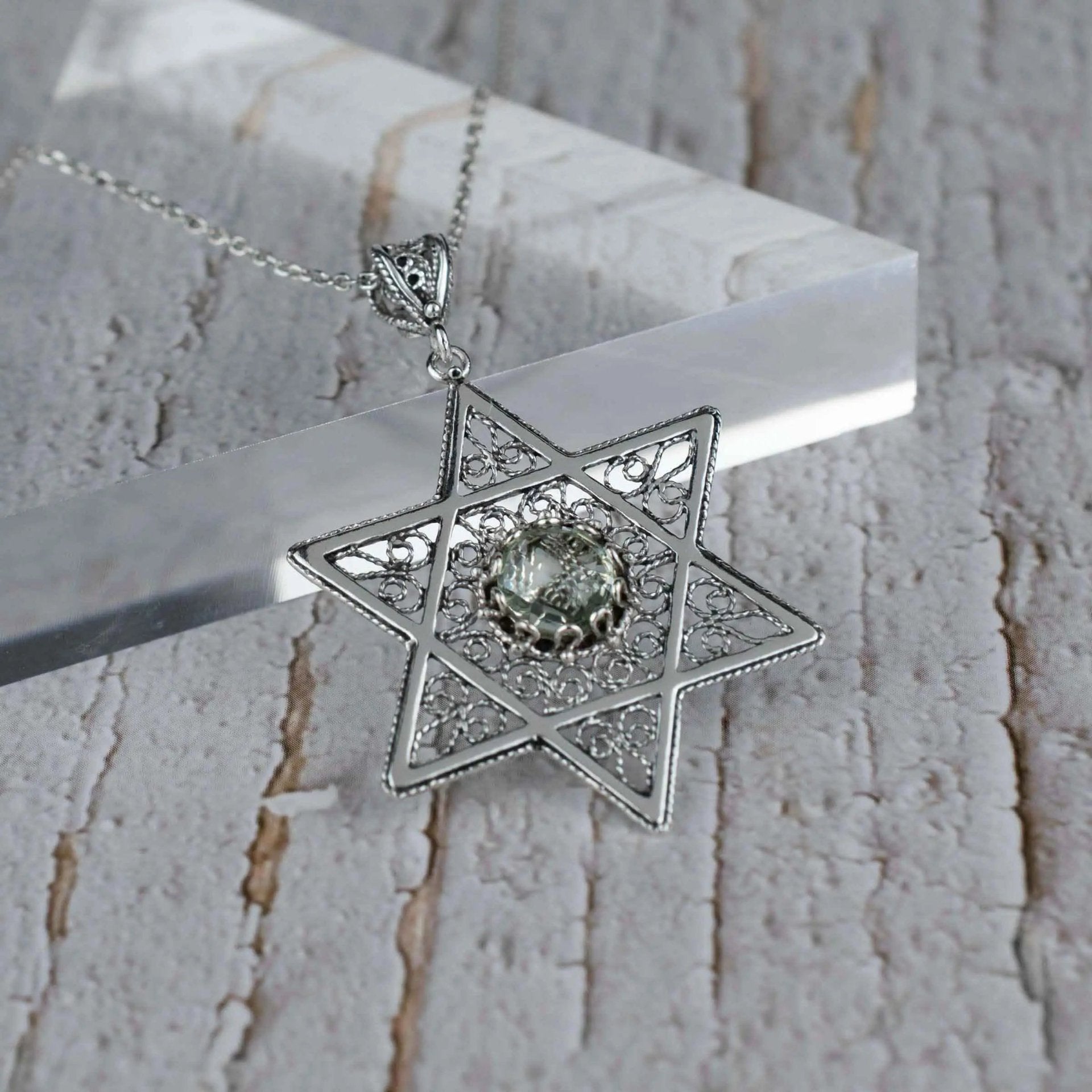 Filigree Art Prasiolite Gemstone Star of David Women Silver Pendant Necklace - Drakoi Marketplace