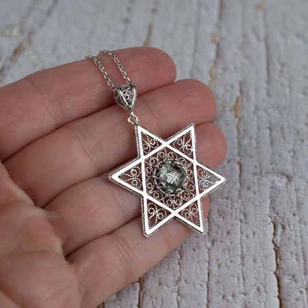 Filigree Art Prasiolite Gemstone Star of David Women Silver Pendant Necklace - Drakoi Marketplace