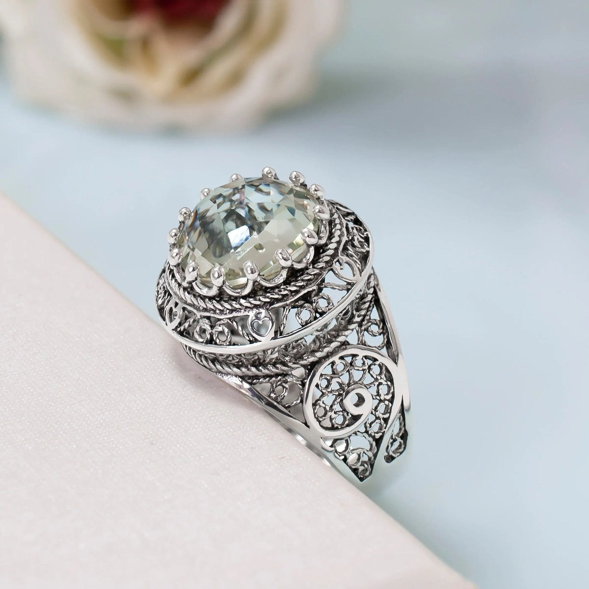 Filigree Art Prasiolite Gemstone Woman Silver Statement Ring - Drakoi Marketplace