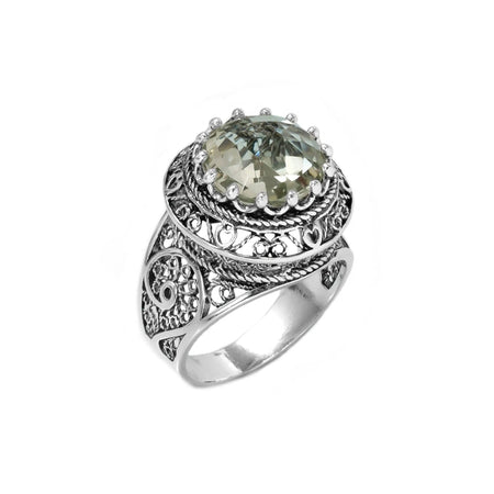 Filigree Art Prasiolite Gemstone Woman Silver Statement Ring - Drakoi Marketplace