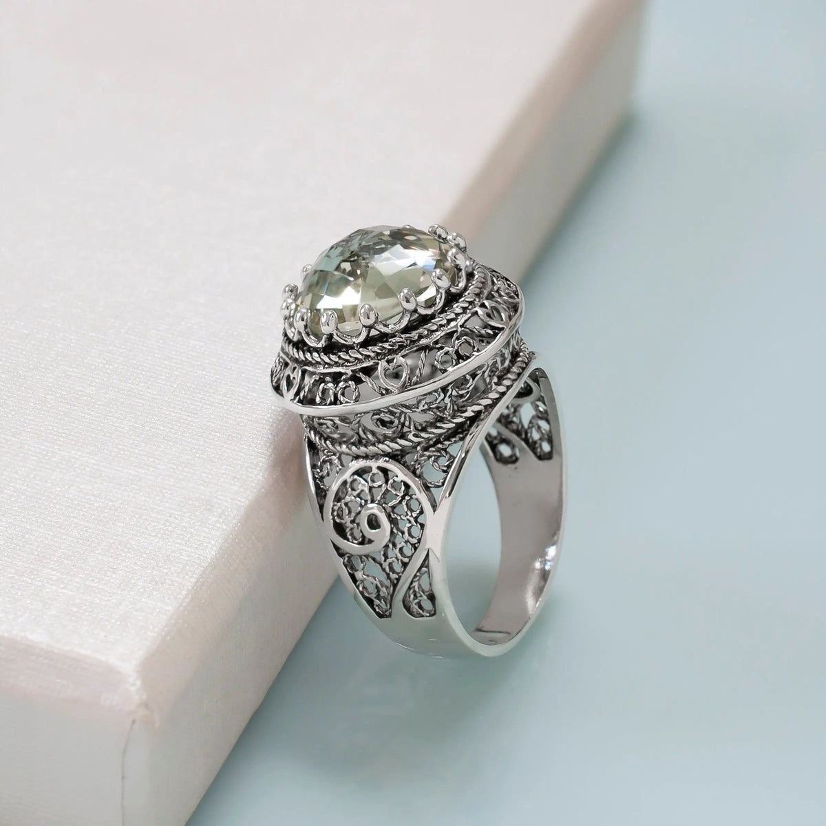 Filigree Art Prasiolite Gemstone Woman Silver Statement Ring - Drakoi Marketplace