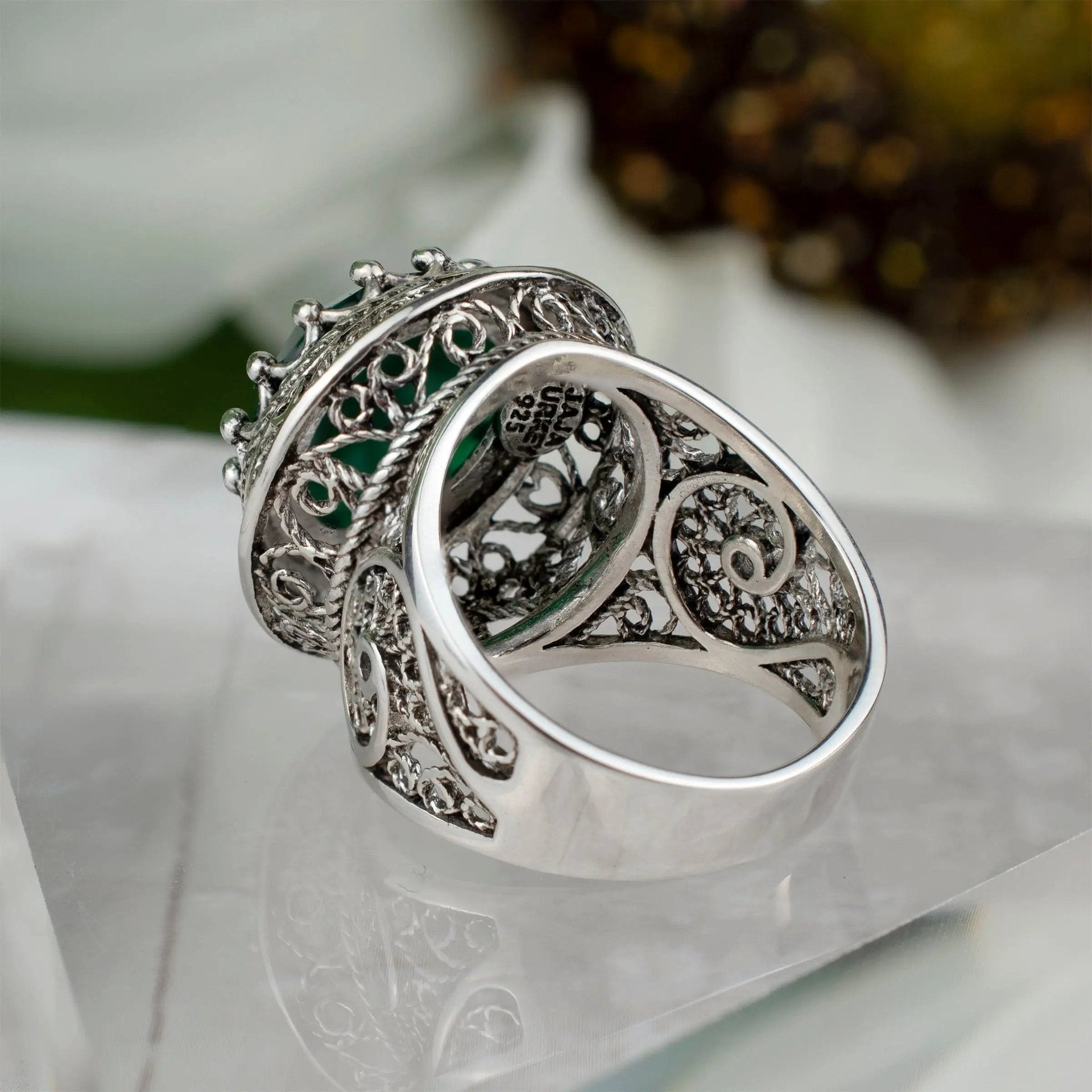 Filigree Art Prasiolite Gemstone Woman Silver Statement Ring - Drakoi Marketplace