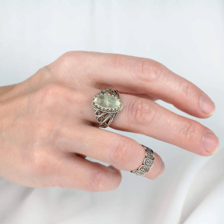 Filigree Art Prehnite Gemstone Angel Design Woman Silver Cocktail Ring - Drakoi Marketplace