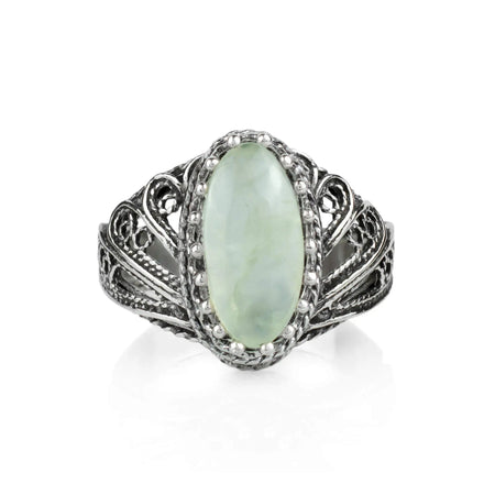 Filigree Art Prehnite Gemstone Angel Design Woman Silver Cocktail Ring - Drakoi Marketplace