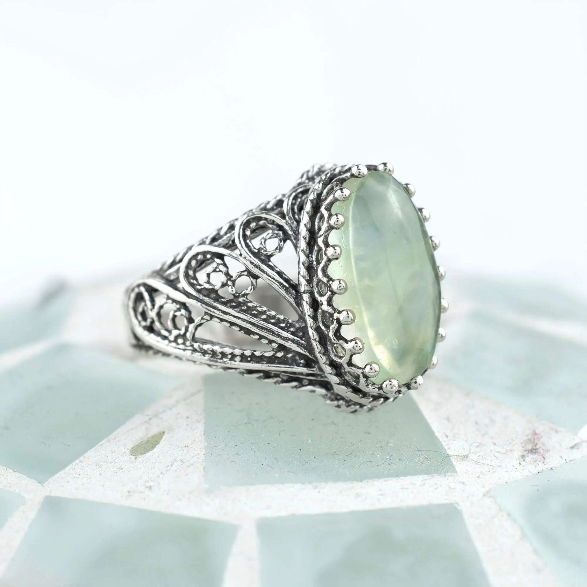 Filigree Art Prehnite Gemstone Angel Design Woman Silver Cocktail Ring - Drakoi Marketplace