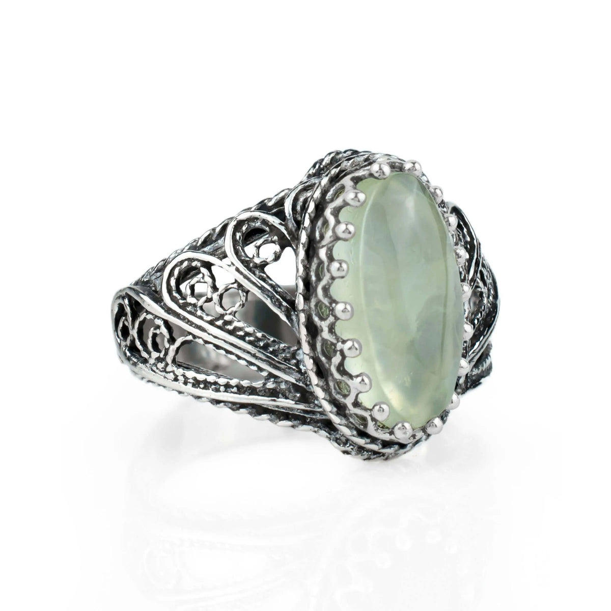 Filigree Art Prehnite Gemstone Angel Design Woman Silver Cocktail Ring - Drakoi Marketplace