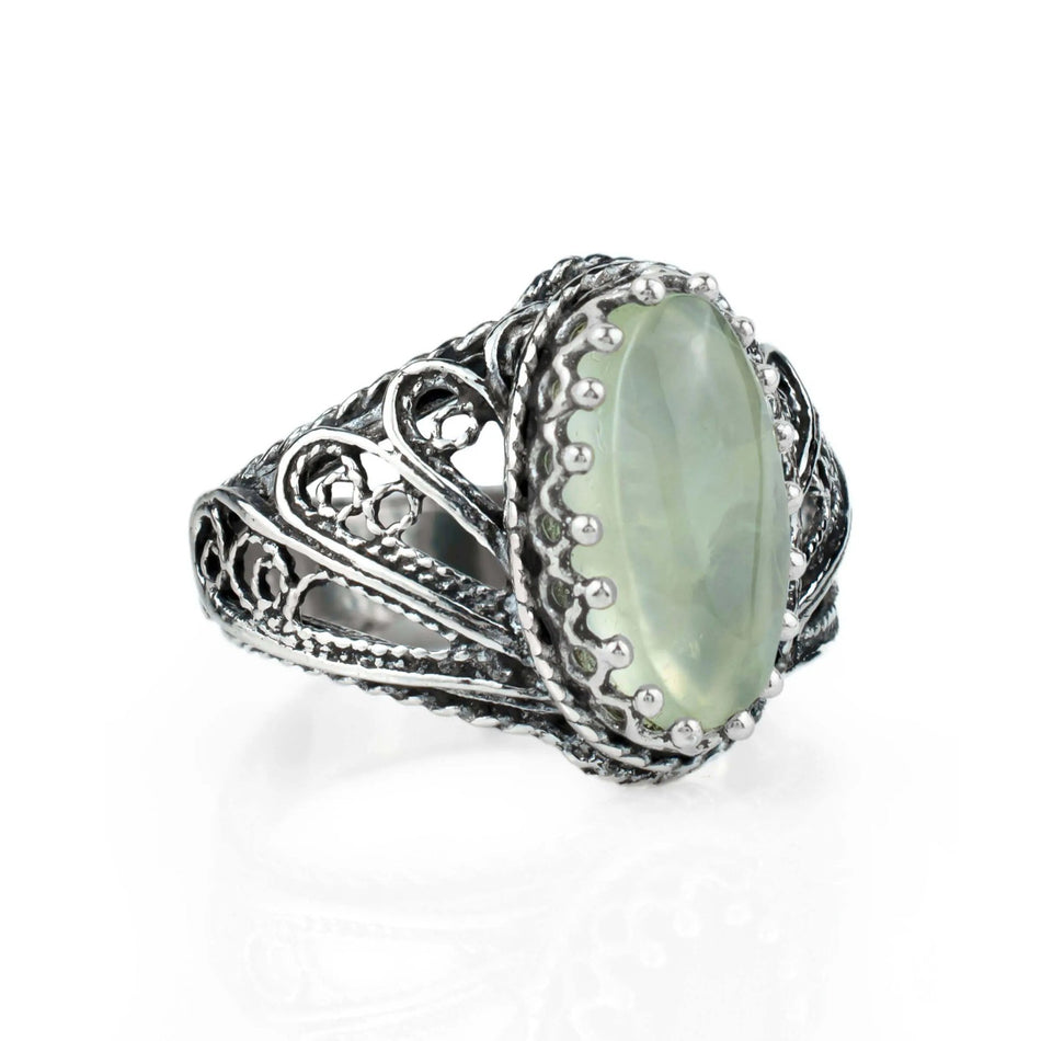 Filigree Art Prehnite Gemstone Angel Design Woman Silver Cocktail Ring - Drakoi Marketplace