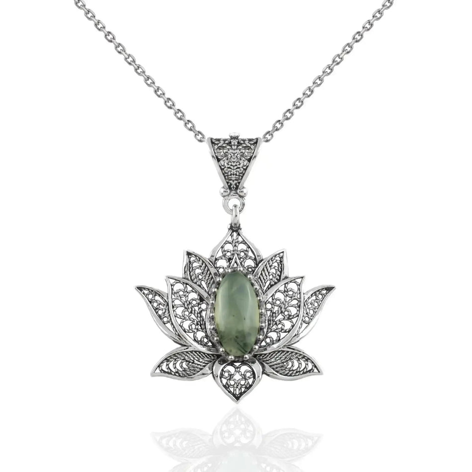 Filigree Art Prehnite Gemstone Blossoming Lotus Flower Women Silver Pendant Necklace - Drakoi Marketplace