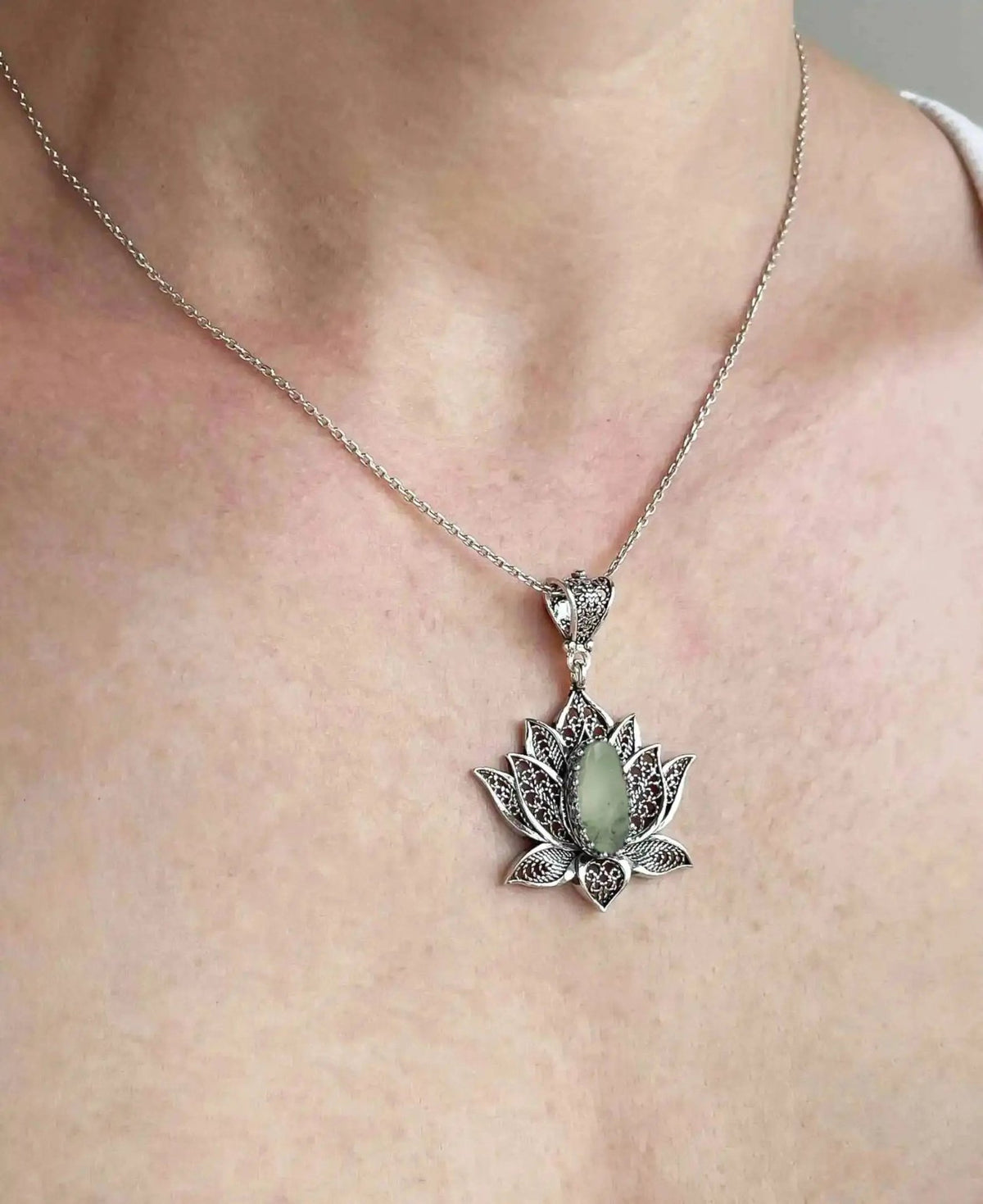 Filigree Art Prehnite Gemstone Blossoming Lotus Flower Women Silver Pendant Necklace - Drakoi Marketplace