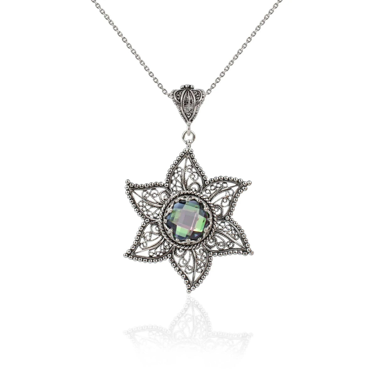 Filigree Art Rainbow Quartz Gemstone Star Design Women Silver Pendant Necklace - Drakoi Marketplace