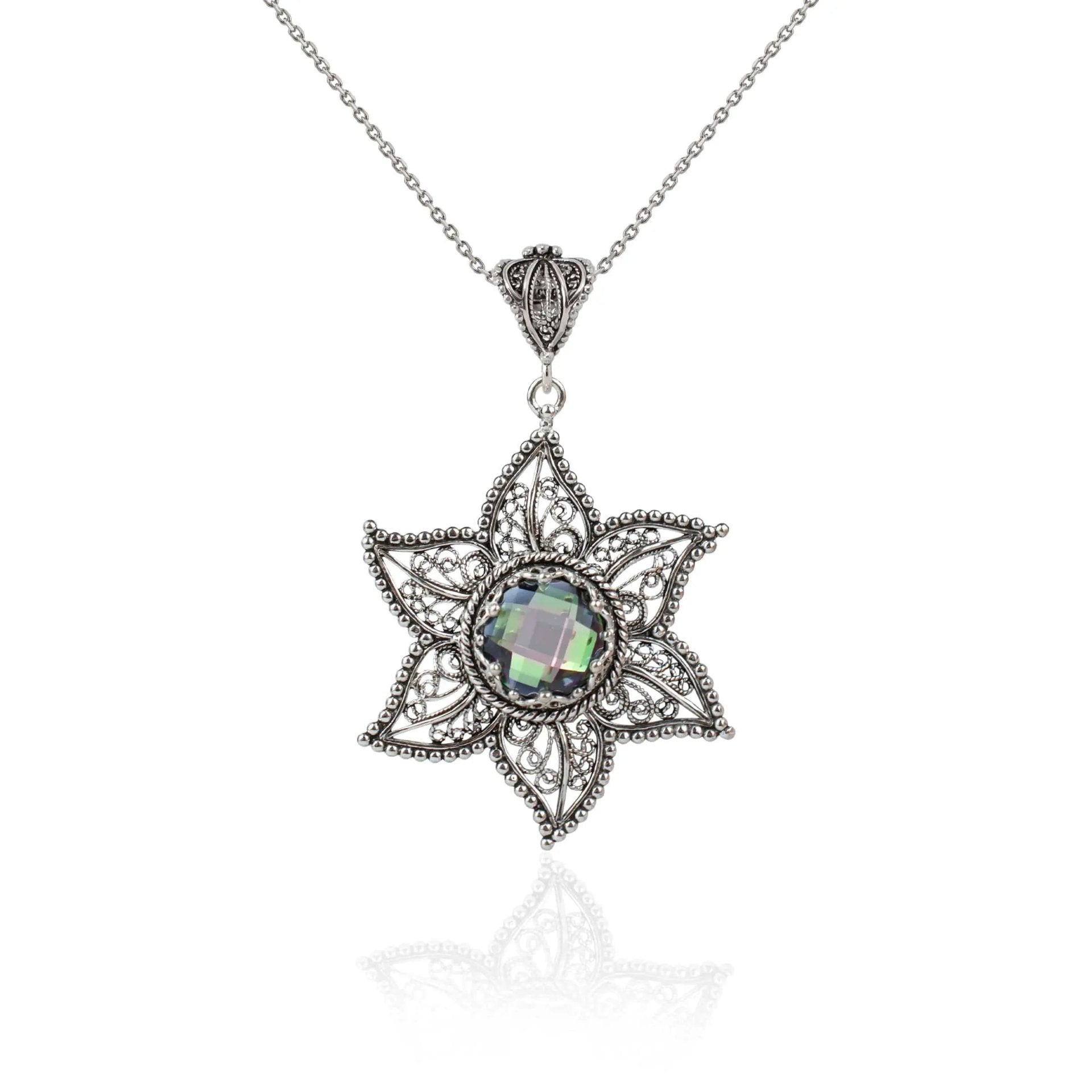 Filigree Art Rainbow Quartz Gemstone Star Design Women Silver Pendant Necklace - Drakoi Marketplace