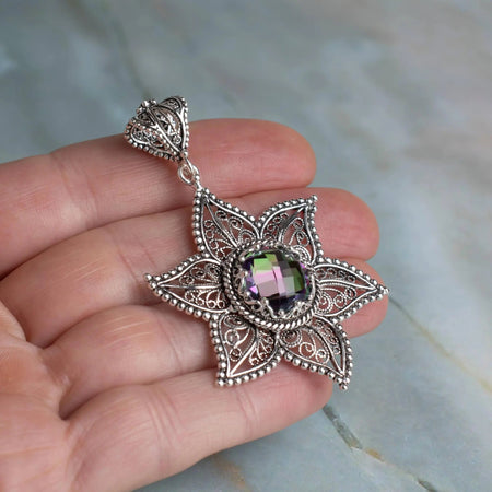 Filigree Art Rainbow Quartz Gemstone Star Design Women Silver Pendant Necklace - Drakoi Marketplace