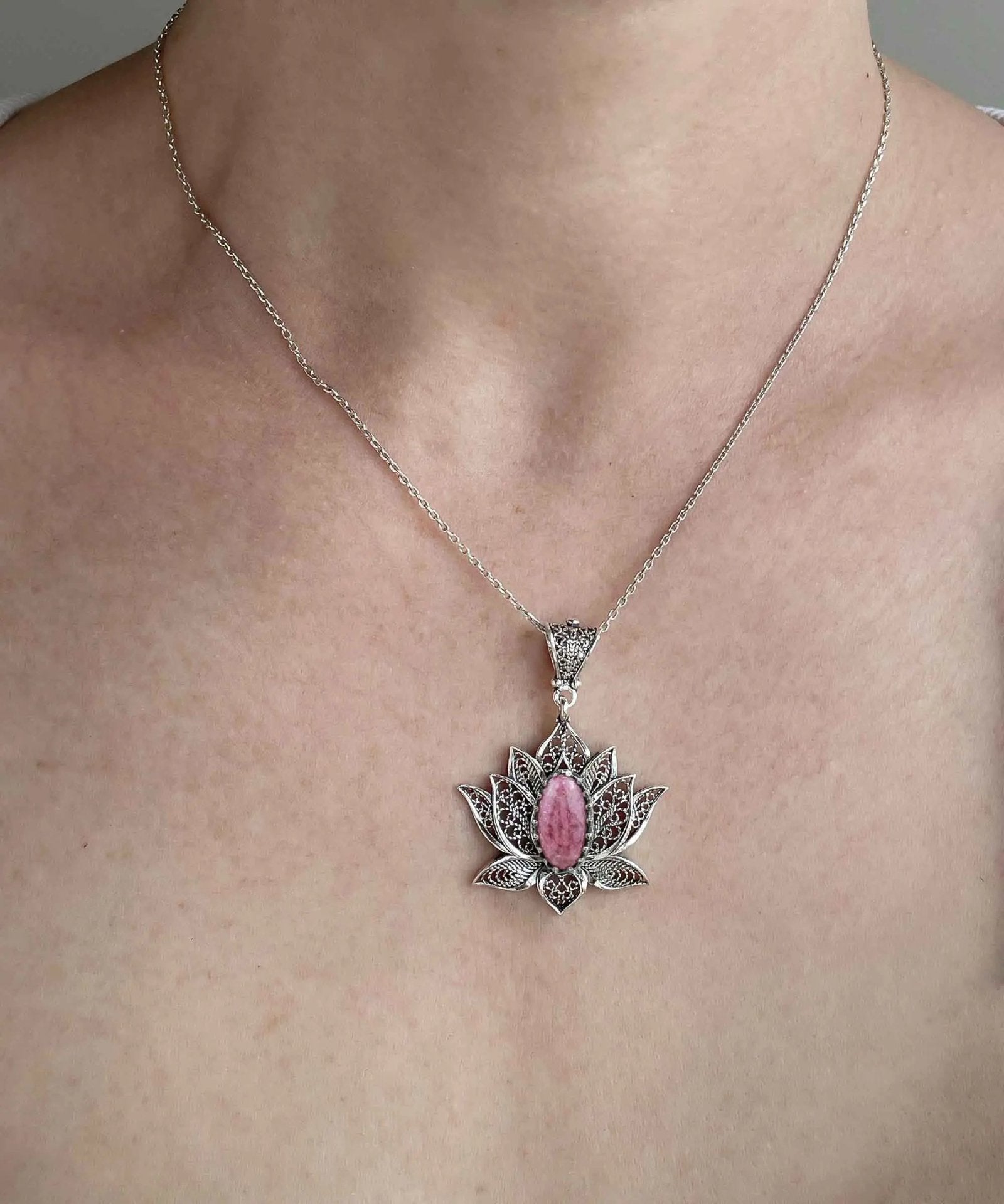 Filigree Art Rhodonite Gemstone Blossoming Lotus Flower Women Silver Pendant Necklace - Drakoi Marketplace