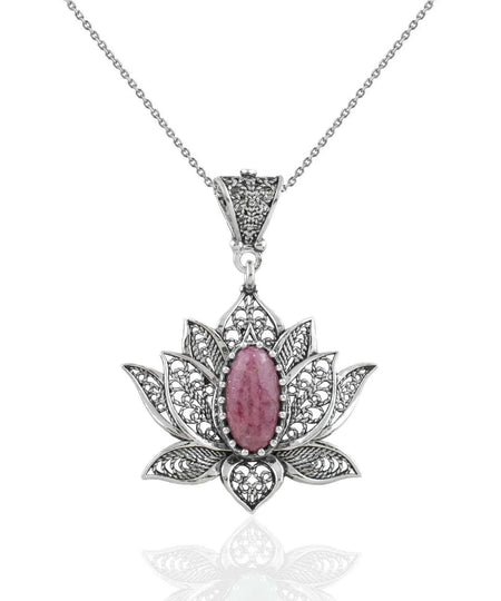 Filigree Art Rhodonite Gemstone Blossoming Lotus Flower Women Silver Pendant Necklace - Drakoi Marketplace