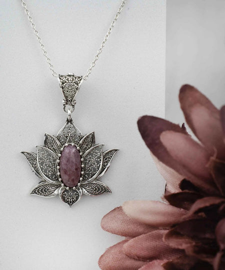 Filigree Art Rhodonite Gemstone Blossoming Lotus Flower Women Silver Pendant Necklace - Drakoi Marketplace