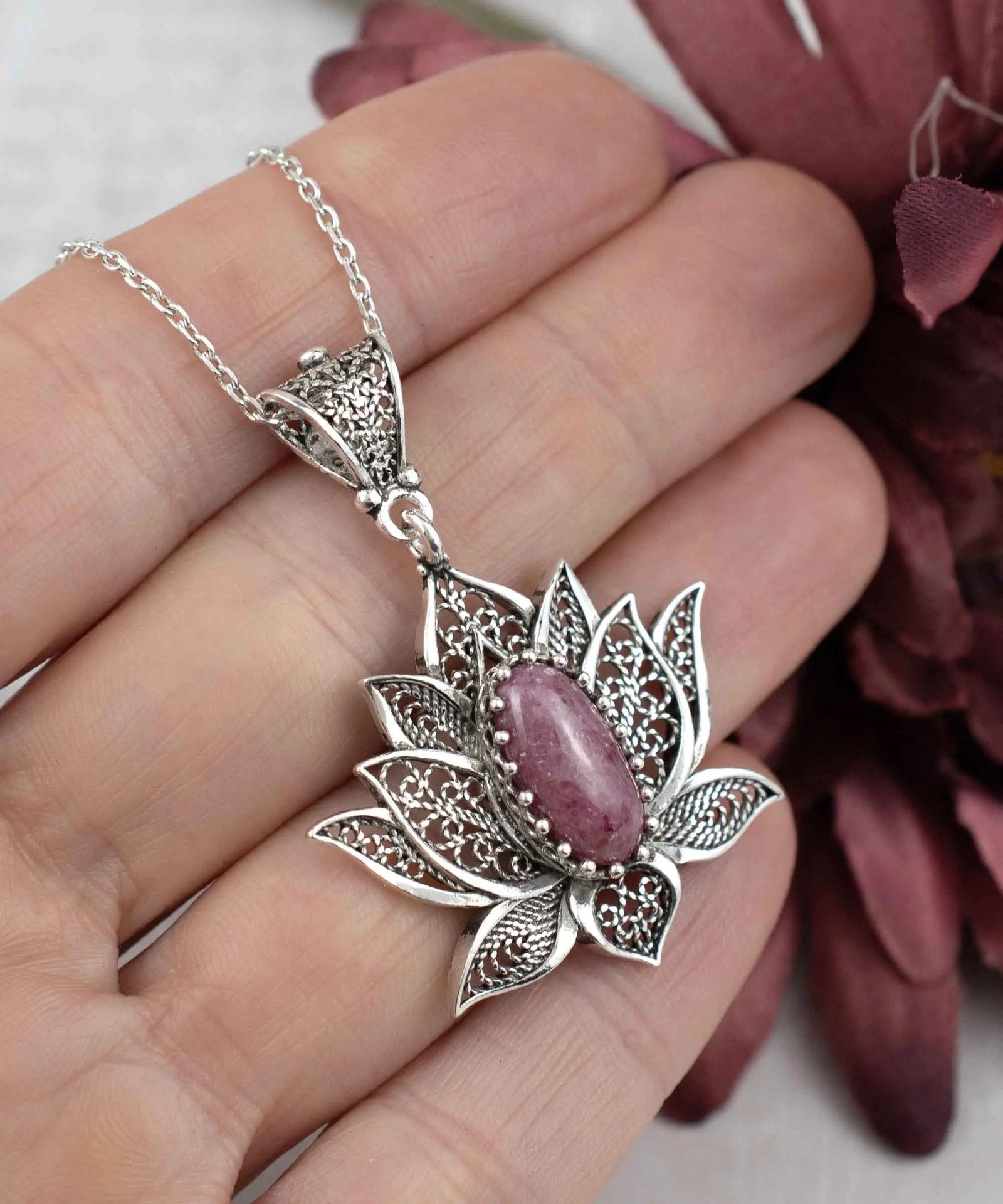 Filigree Art Rhodonite Gemstone Blossoming Lotus Flower Women Silver Pendant Necklace - Drakoi Marketplace