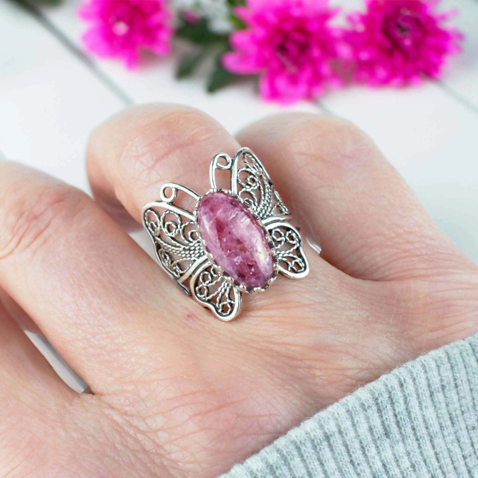 Filigree Art Rhodonite Gemstone Butterfly Design Women Silver Cocktail Ring - Drakoi Marketplace