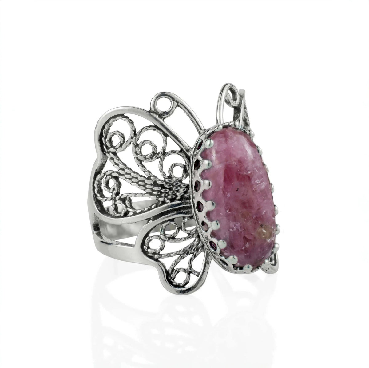 Filigree Art Rhodonite Gemstone Butterfly Design Women Silver Cocktail Ring - Drakoi Marketplace