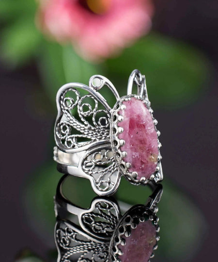 Filigree Art Rhodonite Gemstone Butterfly Design Women Silver Cocktail Ring - Drakoi Marketplace