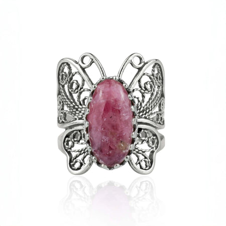 Filigree Art Rhodonite Gemstone Butterfly Design Women Silver Cocktail Ring - Drakoi Marketplace