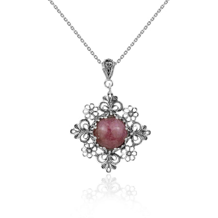 Filigree Art Rhodonite Gemstone Daisy Design Women Silver Pendant Necklace - Drakoi Marketplace