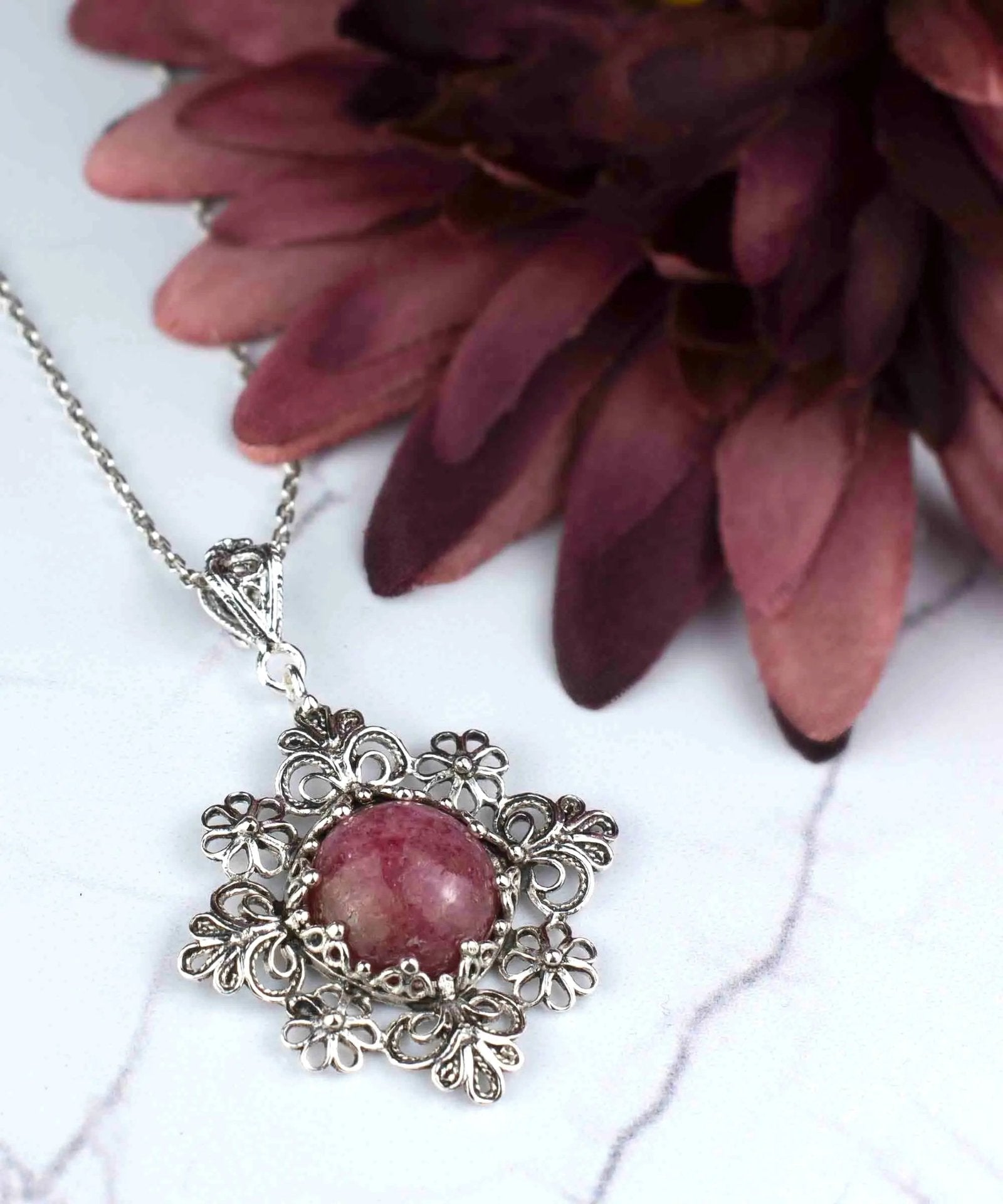 Filigree Art Rhodonite Gemstone Daisy Design Women Silver Pendant Necklace - Drakoi Marketplace