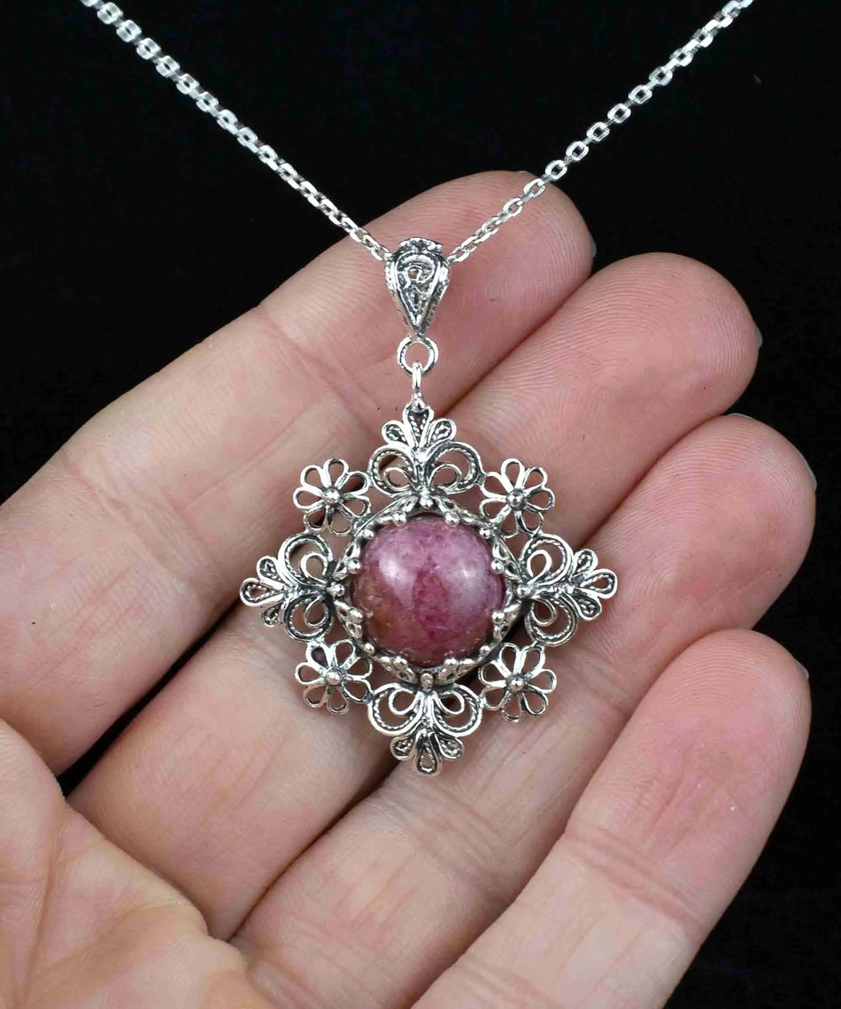 Filigree Art Rhodonite Gemstone Daisy Design Women Silver Pendant Necklace - Drakoi Marketplace