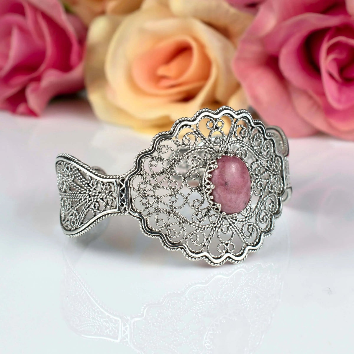 Filigree Art Rhodonite Gemstone Lace Detailed Women Silver Cuff Bracelet - Drakoi Marketplace