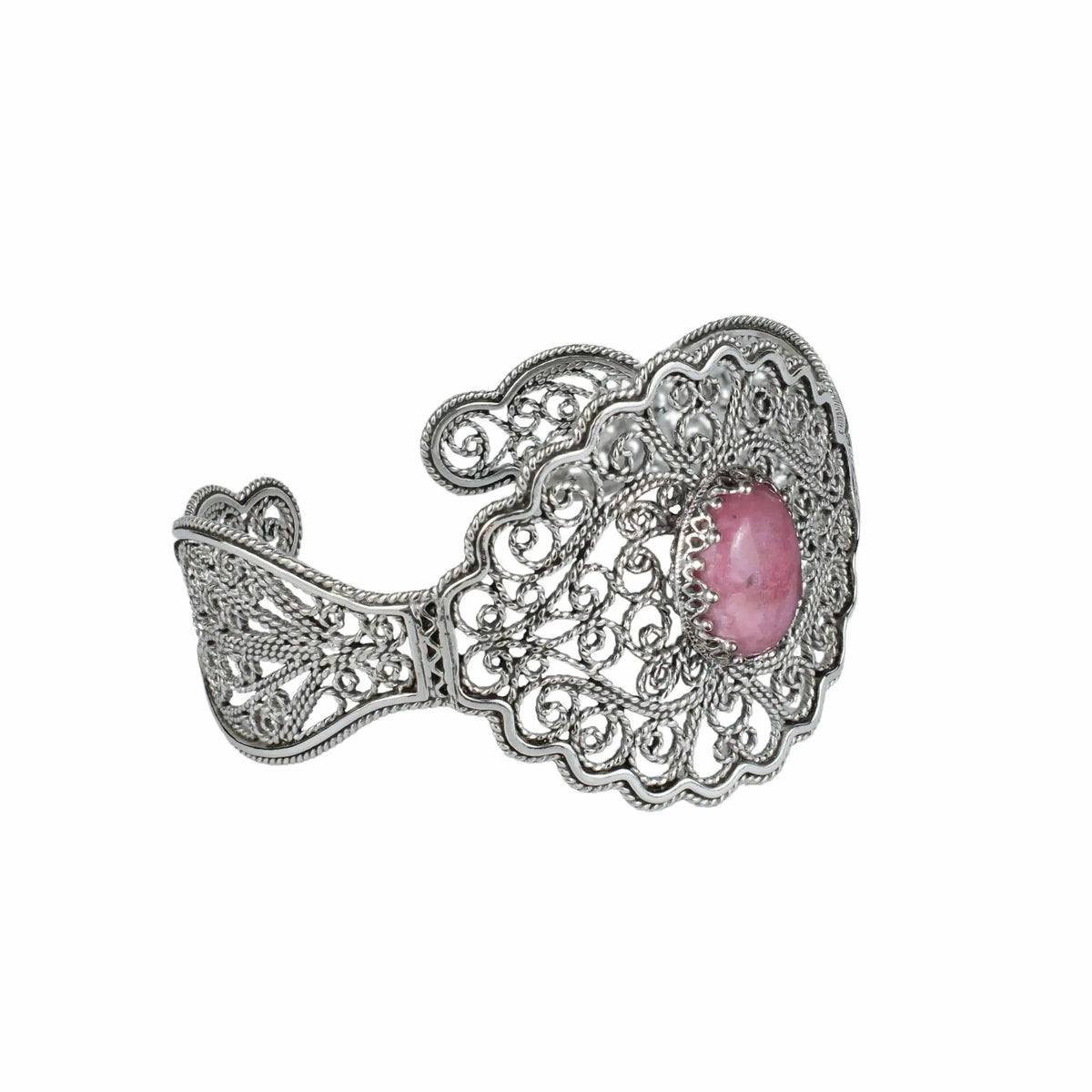 Filigree Art Rhodonite Gemstone Lace Detailed Women Silver Cuff Bracelet - Drakoi Marketplace