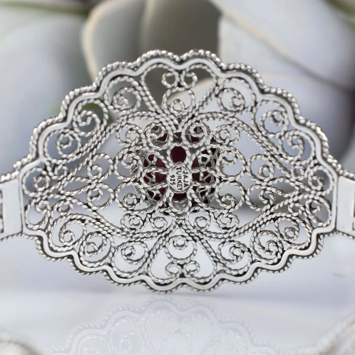 Filigree Art Rhodonite Gemstone Lace Detailed Women Silver Cuff Bracelet - Drakoi Marketplace