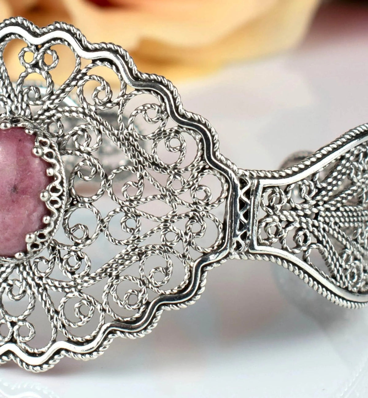 Filigree Art Rhodonite Gemstone Lace Detailed Women Silver Cuff Bracelet - Drakoi Marketplace