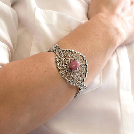 Filigree Art Rhodonite Gemstone Lace Detailed Women Silver Cuff Bracelet - Drakoi Marketplace