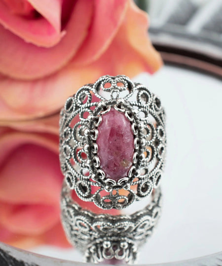 Filigree Art Rhodonite Gemstone Lace Detailed Women Silver Statement Ring - Drakoi Marketplace