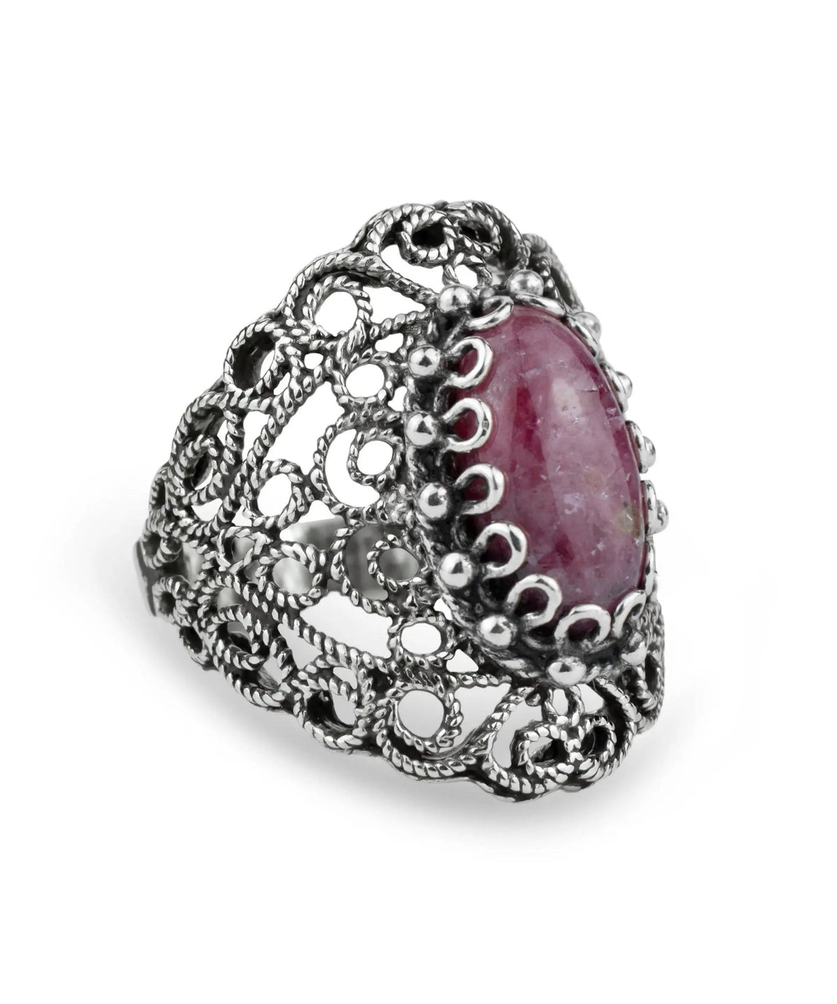 Filigree Art Rhodonite Gemstone Lace Detailed Women Silver Statement Ring - Drakoi Marketplace