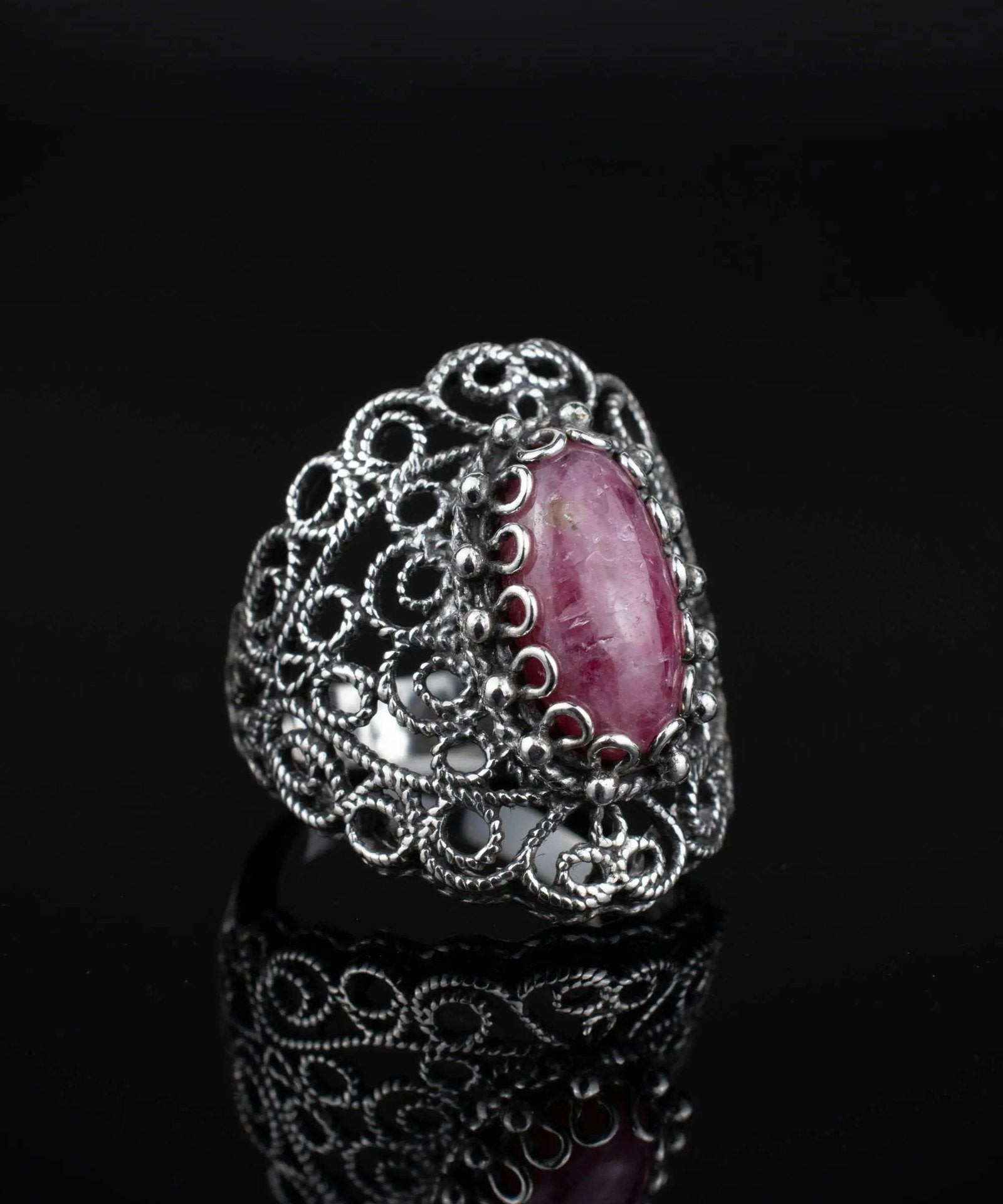 Filigree Art Rhodonite Gemstone Lace Detailed Women Silver Statement Ring - Drakoi Marketplace