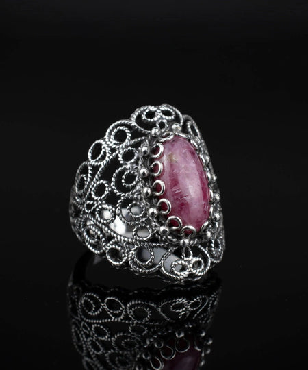 Filigree Art Rhodonite Gemstone Lace Detailed Women Silver Statement Ring - Drakoi Marketplace