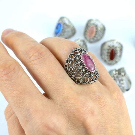 Filigree Art Rhodonite Gemstone Lace Detailed Women Silver Statement Ring - Drakoi Marketplace