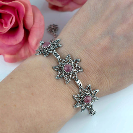 Filigree Art Rhodonite Gemstone Star Figured Women Silver Link Bracelet - Drakoi Marketplace